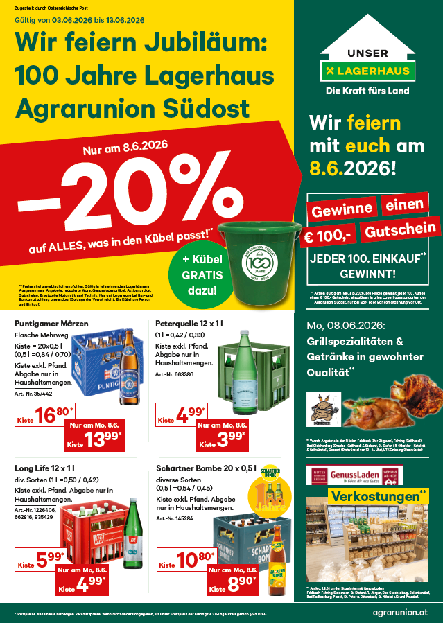 Promotion poster for Lagerhaus Agrarunion Sudwest's 100-year anniversary. Discount of 20% on all products in the store. Win a 100 Euro voucher with each 100 Euro spent. Grill specials and drinks of good quality on June 8, 2026.