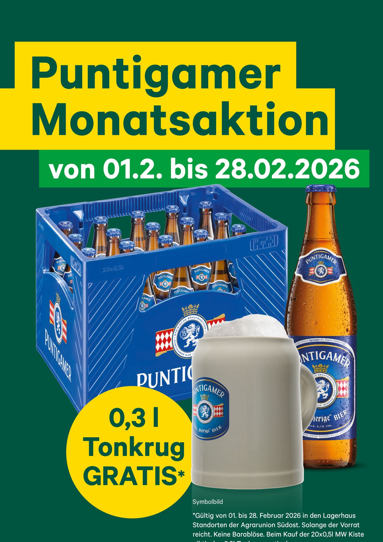 Promotion for Puntigam beer, offering a free 0.3-liter steinkrug with purchase. Promotion valid from February 1 to February 28, 2026. A crate of Puntigam bottles and a full bottle with foam are displayed.