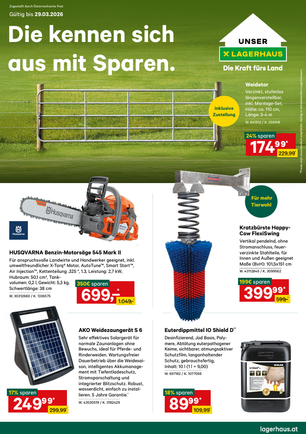 Advertisement for Husqvarna chainsaw, featuring savings and product details. Also includes a Happy-Cow FlexiSwing, a solar-powered sawing tool, and a descaling agent. Each product has a price tag, discount, and additional features.