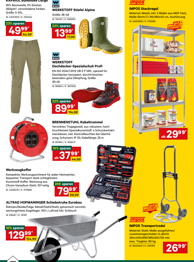Werbung mit verschiedenen Werkzeugen und Ausrüstung: ein Paar grüner Stiefel, eine Werkzeugkiste, eine Schubkarre und eine rote Kabeltrommel. Die Preise betragen 49,99, 13,99, 89,99 und 37,99 Euro. Die Werbung hebt Ersparnisse mit Prozentsätzen hervor.