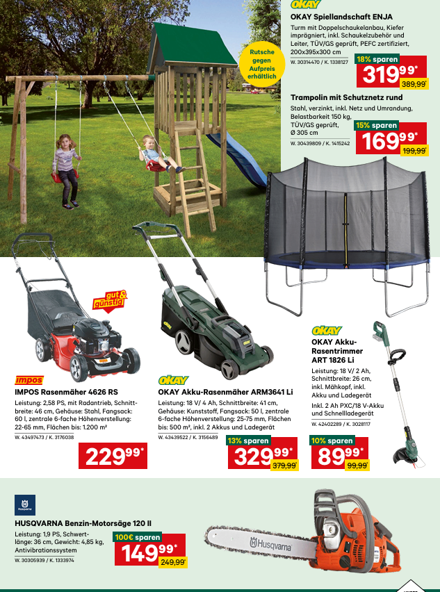 Eine Werbung für einen Spielplatz mit Schaukel, Rutsche und Trampolin. Unten sind Rasenmäher und eine Kettensäge mit jeweils eigenen Spezifikationen.