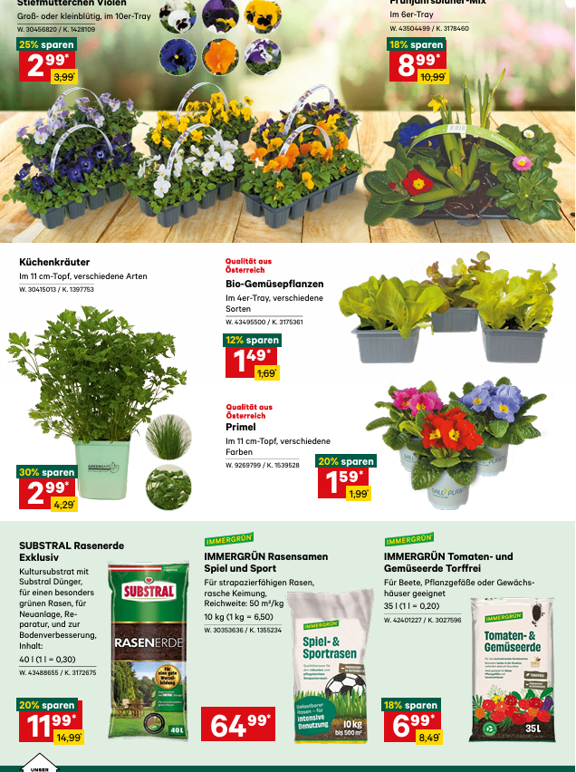 Werbung für Gartenpflanzen und Samen. Bietet Rabatte auf Töpfe, Samen und Pflanzen. Verfügt über verschiedene Arten von Pflanzen und Samen für den Innen- und Außenbereich. Preisangaben und Produktcodes sind angegeben.