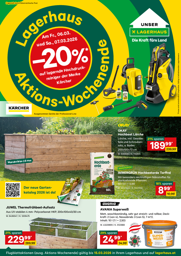 Werbeanzeige für Kärcher-Produkte mit einem Gartenbett, einem Hochdruckreiniger und verschiedenen Gartenwerkzeugen. Aktionsangebot mit 20% Rabatt auf ausgewählte Artikel, gültig vom 04.03. bis 07.03.2026. Beinhaltet einen Rabatt auf einen Kärcher-Hochdruckreiniger und 21% Ersparnis auf ein Produkt.