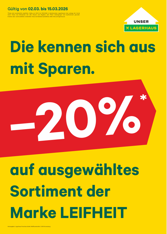 A yellow poster with a red banner. It reads, 'They know themselves with savings.' Below that, it says '-20%'. The text below the percentage reads 'on selected assortment of the brand LIEBHEIT.'