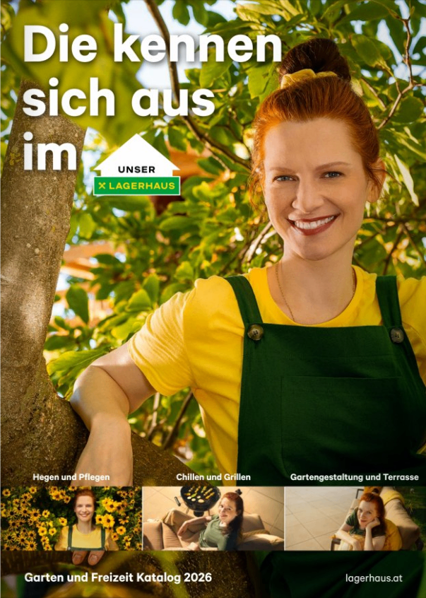 An advertisement poster with a smiling woman in a garden. It highlights a yellow and green apron with a logo. The poster features three smaller images of women engaged in gardening, chilling, and terrace design.