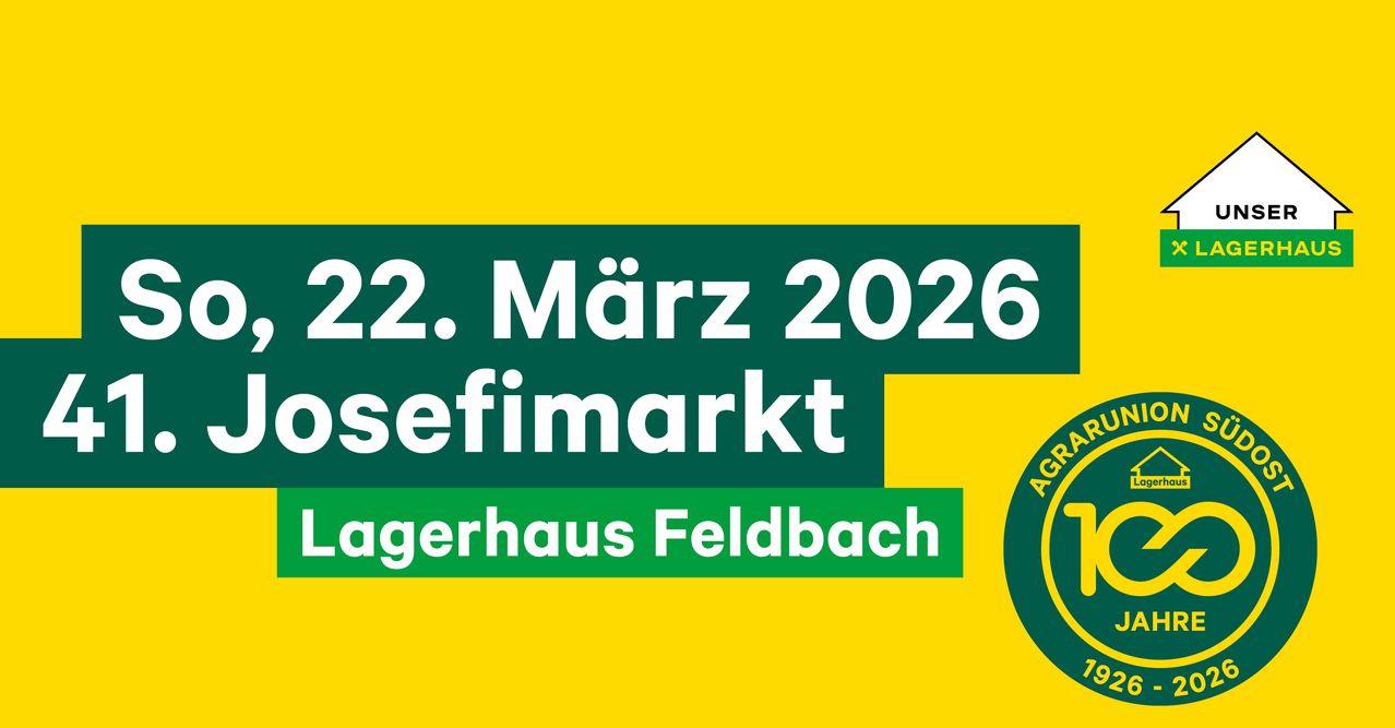 An advertisement for a farm market on March 22, 2026, at Lagerhaus Feldbach. The poster has a green and yellow background.