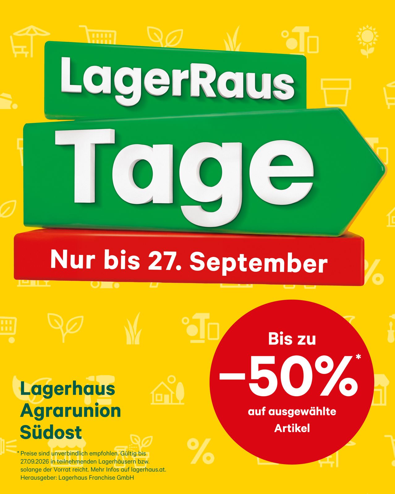 Werbung für LagerRaum Tage-Veranstaltung, mit gelbem Hintergrund, grünen und roten Pfeilen, Text 'LagerRaum Tage' und Rabattangebot von bis zu 50% auf ausgewählte Artikel. Die Veranstaltung gilt bis zum 27. September.