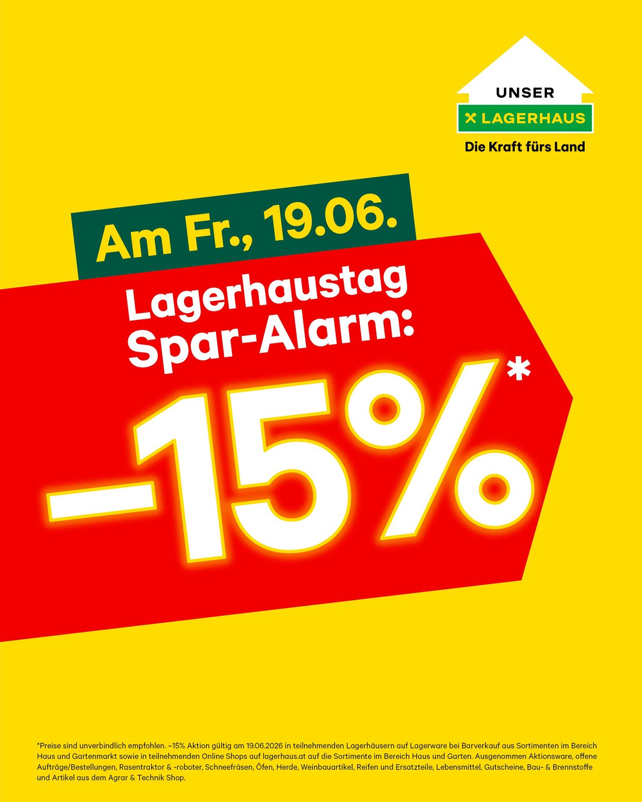 Ein rot-gelber Plakat bewirbt einen Verkauf mit einem 15% Rabatt. Es zeigt den Termin Freitag, 19. Juni und erwaehnt 'Lagerbestand-Warnung'.