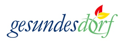 Das Logo für Gesundheitsdorf wird auf einem weißen Hintergrund angezeigt. Es zeigt das Wort Gesundheitsdorf mit einem roten und gelben Blatt über dem Wort Dorf.