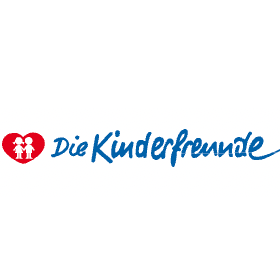 Ein rotes Herz mit zwei Kindern darin neben dem Text 'Die Kinderfreunde' in Blau.