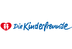 Ein rotes Herz mit zwei Kindern darin neben dem Text 'Die Kinderfreunde' in Blau.