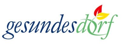 Ein weißer Hintergrund mit dem Logo 'Gesundes Dorf', mit einem roten und gelben Blattsymbol und grünem Text.