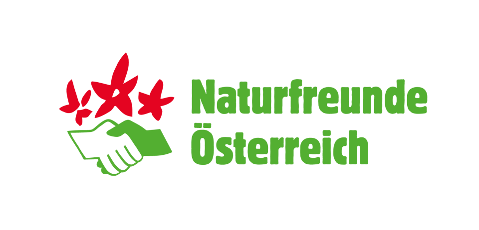 Logo der 'Naturfreunde Osterreich' mit einem Händedruck und Sternen auf schwarzem Hintergrund.
