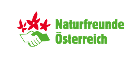 Logo der 'Naturfreunde Osterreich' mit einem Händedruck und Sternen auf schwarzem Hintergrund.