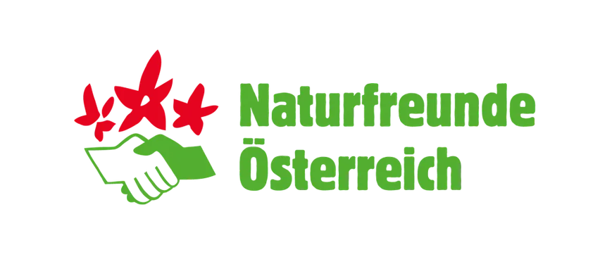 Schwarzer Hintergrund mit grünem und rotem Text, Logo mit einem Händedruck und drei roten Sternen, steht für 'Naturfreunde Österreich'.