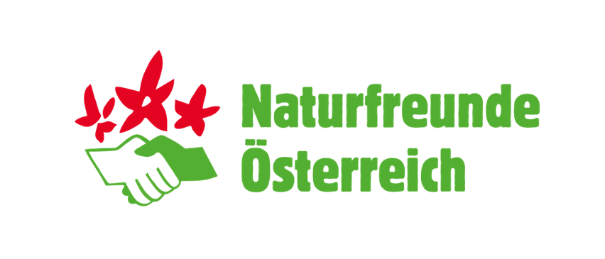 Schwarzer Hintergrund mit grünem und rotem Text, Logo mit einem Händedruck und drei roten Sternen, steht für 'Naturfreunde Österreich'.