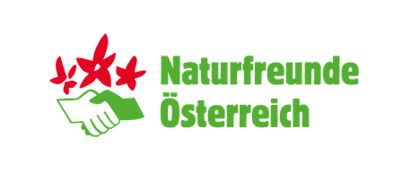 Schwarzer Hintergrund mit grünem und rotem Text, Logo mit einem Händedruck und drei roten Sternen, steht für 'Naturfreunde Österreich'.