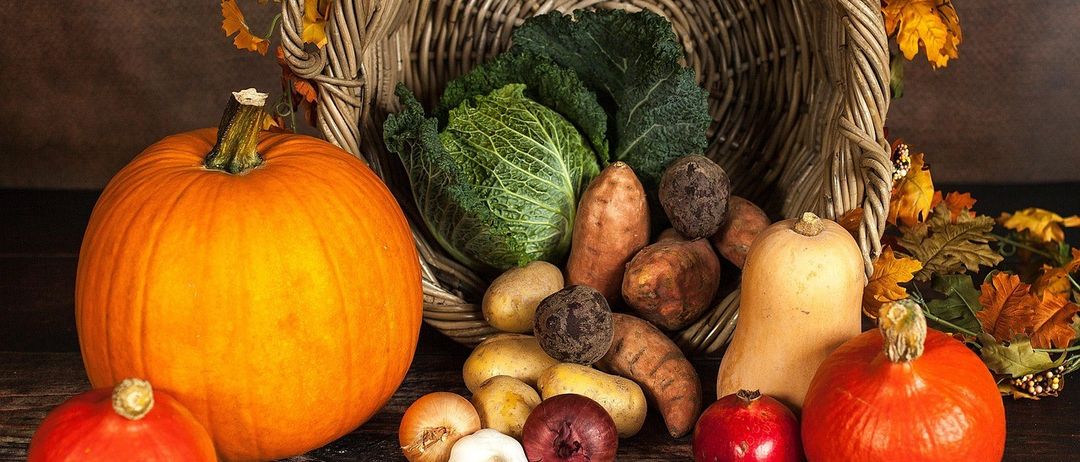 Ein Korb mit Herbstgemüse, darunter Kürbisse, Kohl, Kartoffeln und Kürbis, auf einer Holzoberfläche mit Herbstblättern.