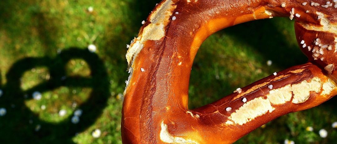 Eine Nahaufnahme eines Brezens mit Salzkristallen auf einem grünen Rasen. Die goldbraune Kruste des Brezens ist sichtbar.
