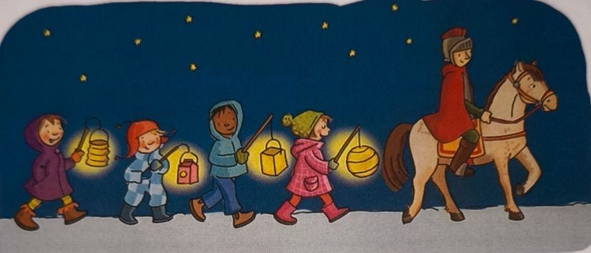 Eine Abbildung von Kindern, die mit leuchtenden Laternen im Schnee gehen, während ein Mann auf einem Pferd folgt.