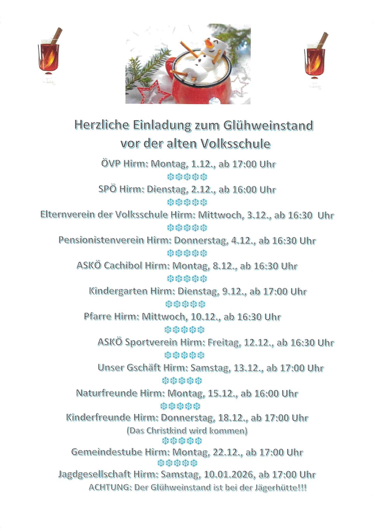 Einladung zum Glühweinstand vor der alten Volksschule. Verschiedene Gruppen, darunter OVP, SPO und andere, haben ihre Veranstaltungen an verschiedenen Terminen und Zeiten geplant.