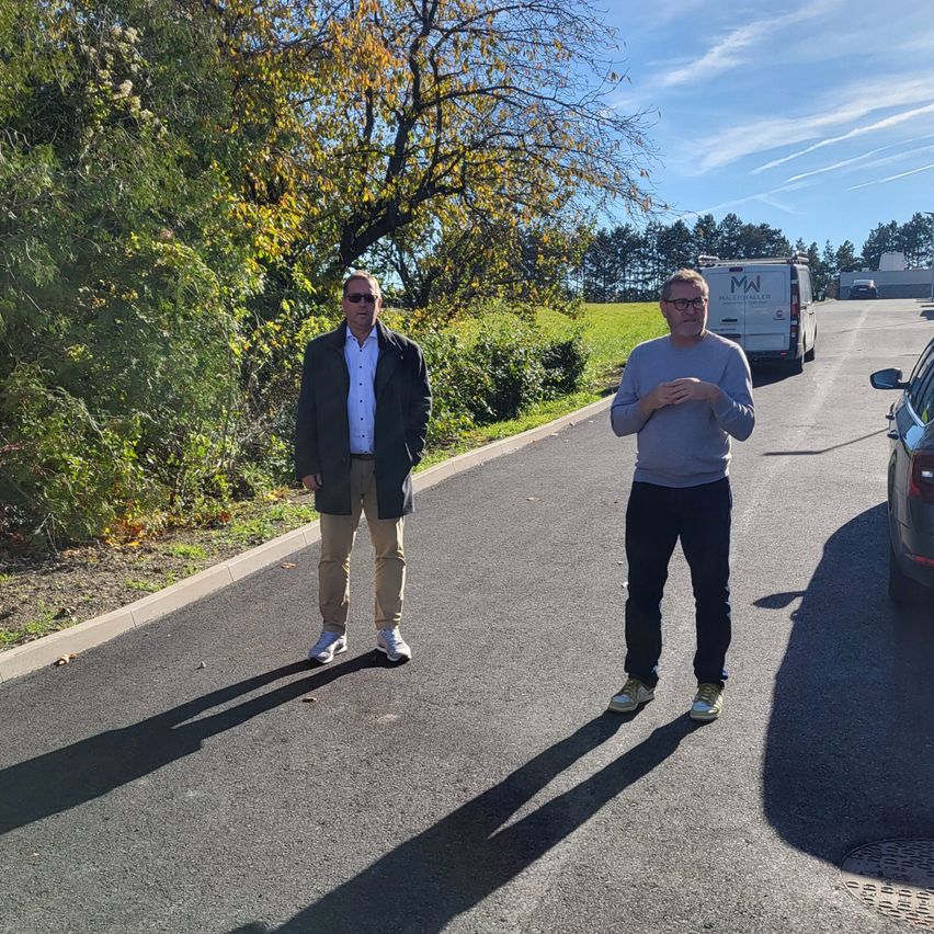 Zwei Männer stehen auf einer Straße, einer hält seine Hände zusammen. Sie tragen Freizeitkleidung und Schuhe. Dahinter befindet sich eine Rasenfläche mit Bäumen und Büschen. Ein Lieferwagen ist auf der Straße geparkt, und auf der rechten Seite steht ein Auto.