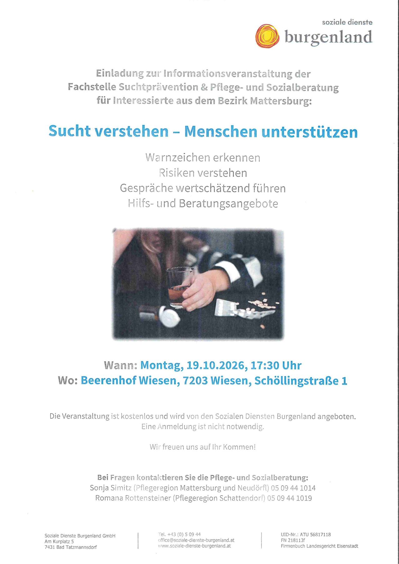Poster for a free event on substance abuse prevention and care consultation for interested individuals in Mattersburg. The event will be held on Monday, October 19, 2026, at 17:30 at Beerenhof Wiesen, 7203 Wiesen, Schöllingstraße 1. No registration is required.