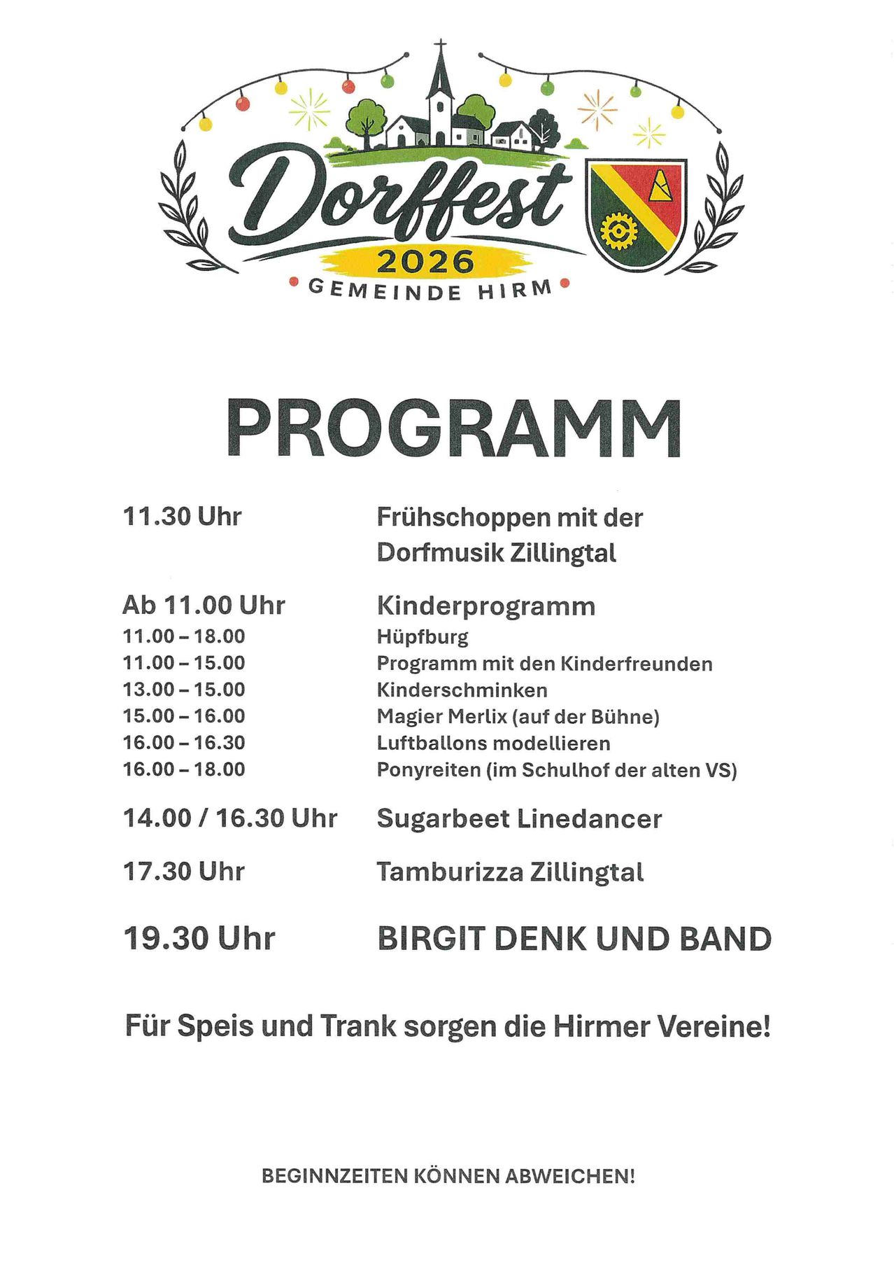 The Dorffest 2026 program poster features a schedule of events starting at 11:30 AM with a breakfast event, followed by a children's program from 11:00 AM to 6:00 PM, including activities like a magic show, balloon modeling, and pony rides. Later, there's a sugarbeet line dance at 2:00 PM and 4:30 PM, and Tamburizza Zillingtal at 5:30 PM. The event concludes with Birgit Denk and Band at 7:30 PM. Food and drinks are provided by the Himmer associations.