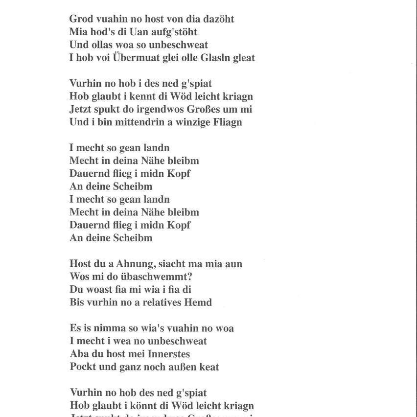 Eine weiße Seite zeigt ein in Deutsch geschriebenes Gedicht mit mehreren Strophen und reimenenden Zeilen. Das Gedicht scheint über Sehnsucht und Trennung zu handeln.