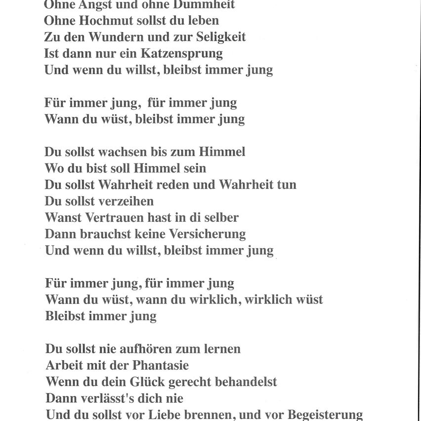 Ein in deutscher Sprache geschriebenes Gedicht, das Themen wie Jugend, Vertrauen und Liebe behandelt. Der Text ist zentriert und in kursiver Schrift geschrieben.