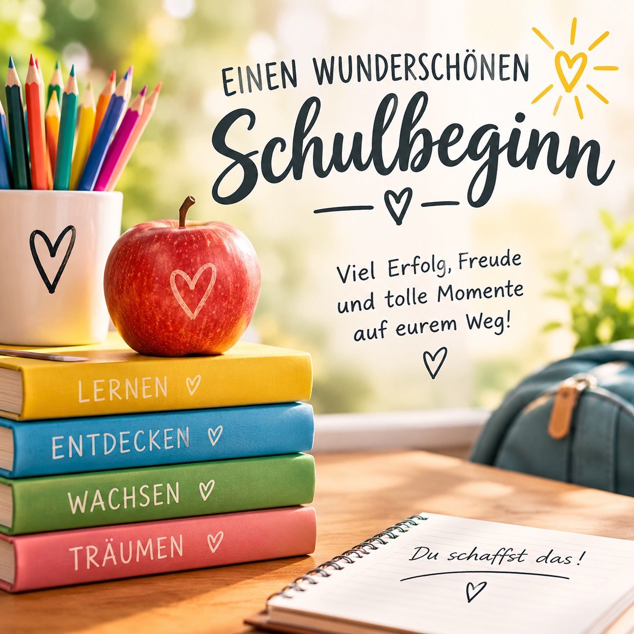 Ein lebendiges Bild eines Schreibtisches mit bunten Büchern, einem Apfel und einem Stiftehalter. Die Bücher sind gestapelt und mit Wörtern wie 'Lernen', 'Entdecken', 'Wachstum' und 'Träumen' beschriftet. Ein Apfel mit einem Herz liegt auf den Büchern. Ein Notizbuch und ein Rucksack sind ebenfalls auf dem Schreibtisch.