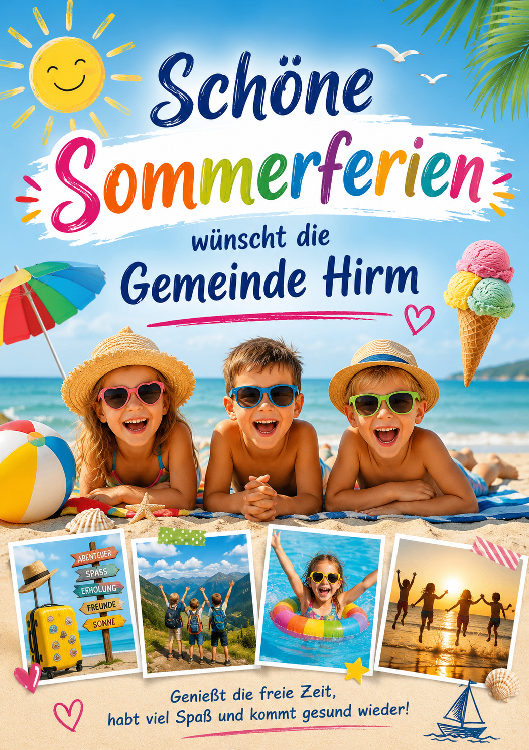 Plakat mit drei lächelnden Kindern am Strand mit einem Strandball, einem Regenschirm und einem Eisbecher. Der Text lautet Sommerferien in Regenbogenfarben. Zusätzliche Fotos zeigen ein Kind im Pool, Freunde und einen Sonnenuntergang.