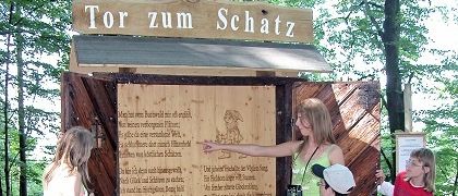 Eine Gruppe von Kindern und Erwachsenen steht vor einem Holzschild mit den Worten Tor zum Schatz. Sie lesen die Informationen auf dem Schild.