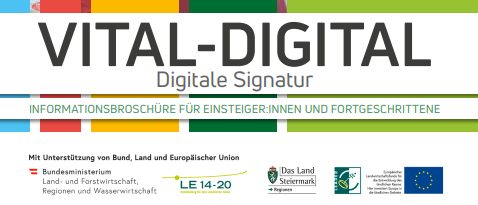 Titelseite einer Broschüre mit dem Titel 'Vital-Digital', die vier Personen zeigt, die im Freien an Laptops arbeiten. Der Text deutet auf einen Fokus auf digitale Signaturen hin.