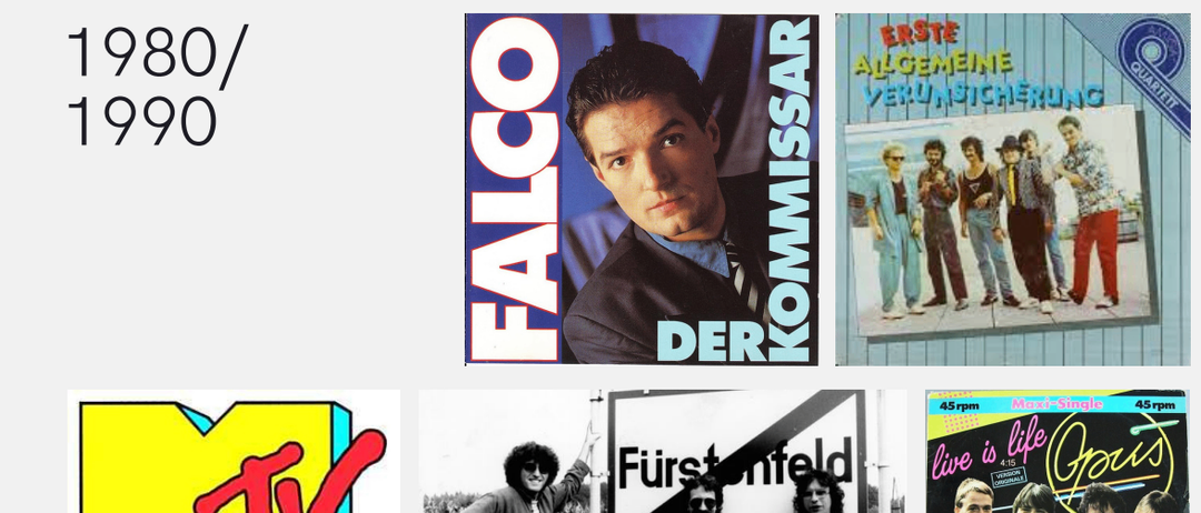 Ein Bild zeigt einen Mann aus der Serie Falco der Kommissar. Unten sind drei Bilder: ein Logo von TV, eine Band mit drei Personen und ein Plattencover.