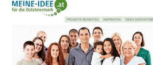 Ein Bild einer Gruppe von Menschen, die lächelnd für ein Foto posieren, mit dem Text 'Meine-Idee.at' oben, das Projekte, Bewertungen, Inspiration und Ideenaustausch präsentiert.