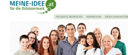 Ein Bild einer Gruppe von Menschen, die lächelnd für ein Foto posieren, mit dem Text 'Meine-Idee.at' oben, das Projekte, Bewertungen, Inspiration und Ideenaustausch präsentiert.