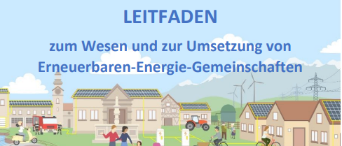 Infografik über das Wesen und die Umsetzung von Erneuerbaren-Energie-Gemeinschaften, gesponsert von verschiedenen Ministerien und Einrichtungen. Zeigt eine Gemeinschaft mit erneuerbaren Energiequellen, Fahrrädern und Windmühlen. Enthält Website-Links.