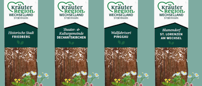 Vier vertikale Banner mit einem grünen und weißen Design. Jeder Banner zeigt eine andere Attraktion aus der Krauter Region. Die Attraktionen sind: Historische Stadt Friedberg, Theater & Kulturkirchen, Walfischtor Pinggau und Beleuchtete St. Lorenzen am Wechsel.