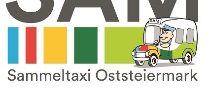 SAM Logo mit einem farbenfrohen Balkendesign und einer Illustration eines Busses mit Fahrer. Der Text lautet 'Sammeltaxi Oststeiermark'.