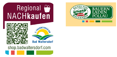 Das Bild enthält Logos für Regional NACHkaufen, einen QR-Code und ein Werbelogo für Waren von Bauernladen Pollau.