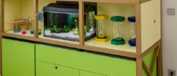 Ein grüner Schrank mit Schubladen und Regalen, der Gegenstände wie ein Fischbecken, Bücher und Sanduhren enthält. Über dem Schrank ein Diagramm mit Pfeilen und Text, das 'Verbalisieren', 'Beobachten' und 'Material' erklärt.