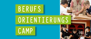 Werbeanzeige für ein Berufsorientierungscamp mit verschiedenen Schülern in unterschiedlichen Umgebungen. Das Bild enthält die Texte 'BOC', 'BERUFS ORIENTIERUNGS CAMP' und Logos für das Ministerium, Land und Europäische Union.