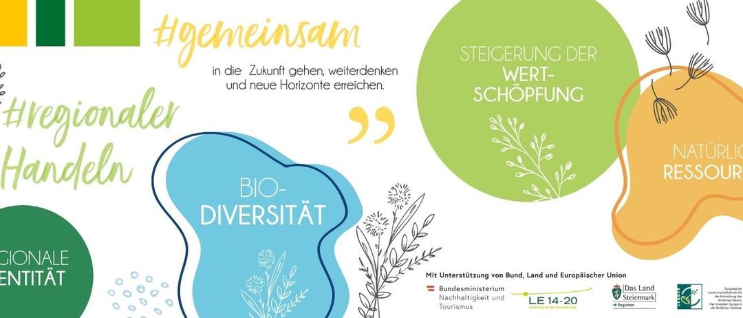Das Bild fördert Biodiversität und nachhaltige Entwicklung, mit einem blauen Banner mit weißem Text und einem grünen Kreis mit gelbem Text. Es enthält 'Zusammen in der Zukunft, weiterdenken und neue Horizonte erreichen.' Es gibt auch ein Logo und ein Datum.