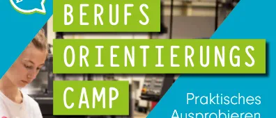 Ein Werbeplakat für ein Berufsorientierungscamp mit praktischem Erkunden verschiedener Berufe. Termine: 13.-17. Juli und 17.-21. August 2026. Website: www.qua.or.at/projekte/boc2026. Gefördert von Bund, Land und Europäischer Union.