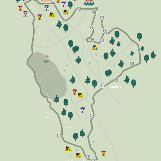 Die Karte zeigt ein Golfplatzlayout mit nummerierten Löchern, Häusern und Bäumen. Loch 19 hat eine rote Flagge, und Loch 17 befindet sich in der Nähe eines Gebäudes.