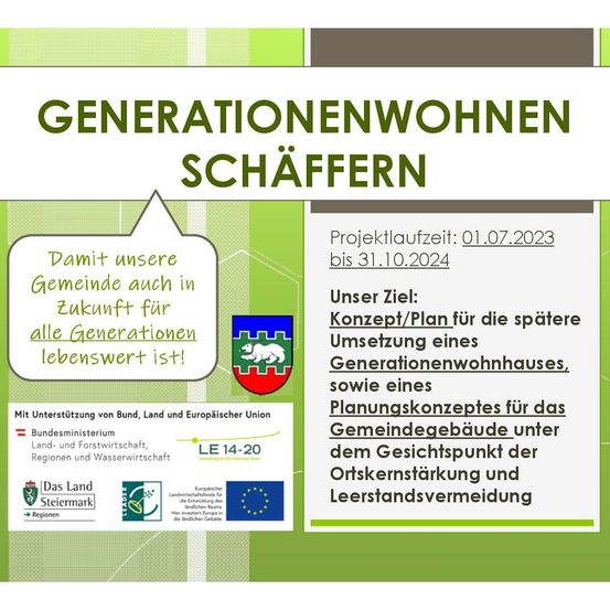 Der Flyer zeigt das Konzept von 'Generationenwohnen Schaffern' mit einem Projektzeitraum vom 1. Juli 2023 bis 31. Oktober 2024. Ziel ist es, einen Plan für ein zukünftiges Generationenwohnhaus und ein Planungskonzept für Gemeindegebäude zu entwickeln, die sich auf die Stärkung des Ortskerns und die Vermeidung von Leerständen konzentrieren. Unterstützt von Bund, Land und Europäischer Union.