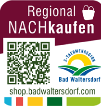Ein Werbebild für regionales Einkaufen, mit einem QR-Code, einem Einkaufswagen-Symbol, einem Logo für Bad Waltersdorf und einer Website-Adresse.
