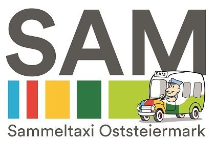 Das Logo von SAM Sammeltaxi Oststeiermark zeigt den Text SAM in großen grauen Buchstaben mit einer Bus-Illustration, die auf einer Straße fährt, einem fahrenden Mann und einem farbenfrohen Balkendiagramm im Hintergrund.