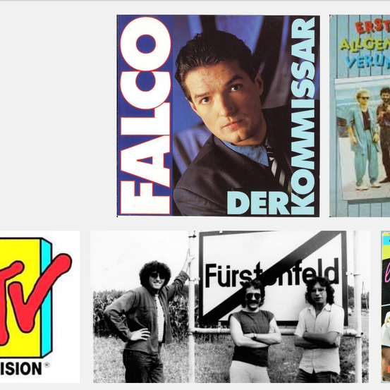 Eine Collage von Bildern, darunter ein Mann auf einem Falco-Albumcover, ein TV-Logo und zwei Männer vor einem Schild mit der Aufschrift 'Furstenfeld'.